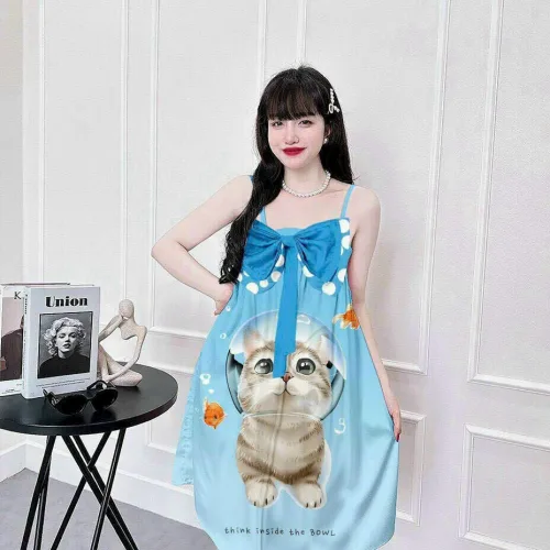 Đầm 2 dây form suông đính nơ hoạ tiết