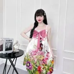 Đầm 2 dây form suông đính nơ hoạ tiết