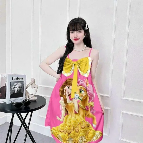 Đầm 2 dây form suông đính nơ hoạ tiết
