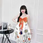 Đầm 2 dây form suông đính nơ hoạ tiết