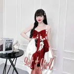 Đầm 2 dây form suông đính nơ hoạ tiết