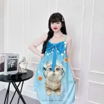 Đầm 2 dây form suông nơ ngực hoạ tiết