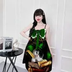 Đầm 2 dây form suông nơ ngực hoạ tiết