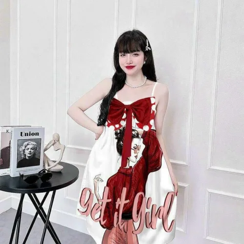 Đầm 2 dây form suông nơ ngực hoạ tiết