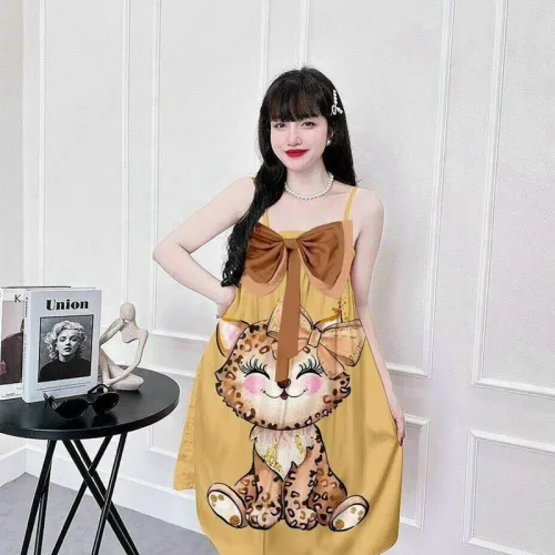 Đầm 2 dây form suông nơ ngực hoạ tiết