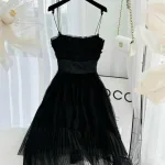 Đầm 2 dây midi đen voan ren tầng
