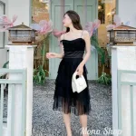 Đầm 2 dây midi đen voan ren tầng
