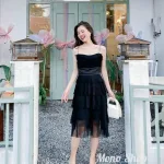 Đầm 2 dây midi đen voan ren tầng