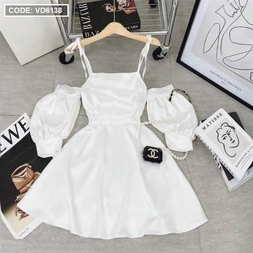Đầm 2 dây rớt tay phồng ngực xếp ly
