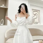 Đầm 2 dây rớt tay phồng ngực xếp ly