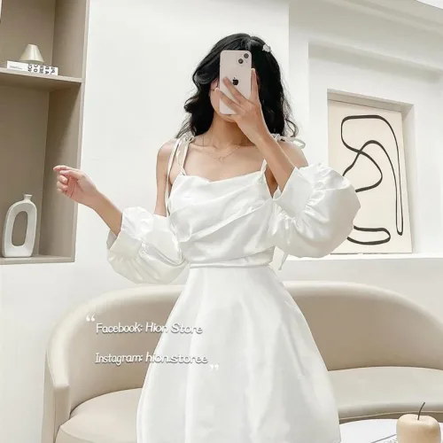 Đầm 2 dây rớt tay phồng ngực xếp ly