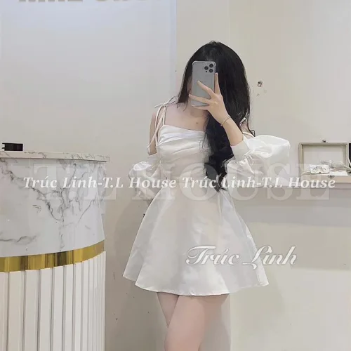 Đầm 2 dây rớt tay phồng ngực xếp ly