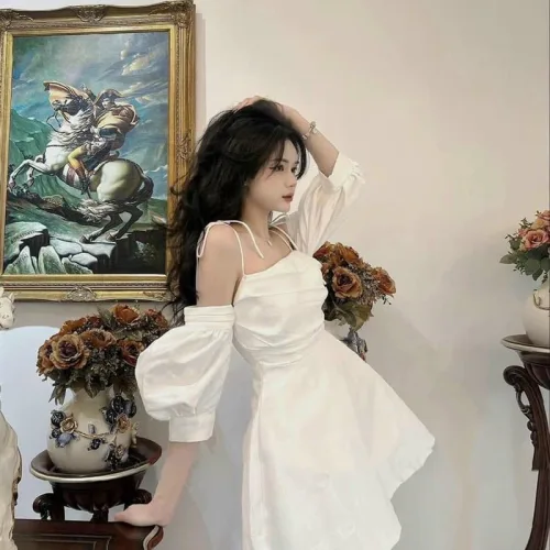 Đầm 2 dây rớt tay phồng ngực xếp ly