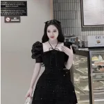 Đầm bố nổi cổ yếm tay phồng oganza