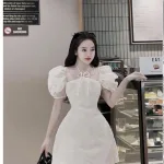 Đầm bố nổi cổ yếm tay phồng oganza