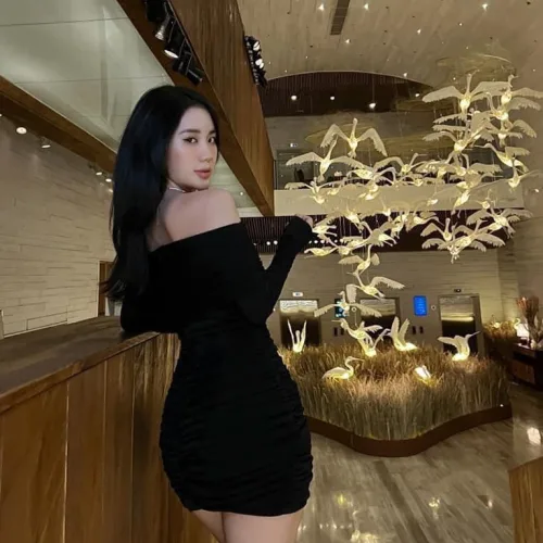 Đầm body đen trễ vai tay dài