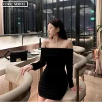 Đầm body đen trễ vai tay dài