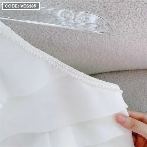 Đầm cổ yếm viền hạt xếp ly tầng 2 màu