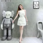Đầm cổ yếm viền hạt xếp ly tầng 2 màu