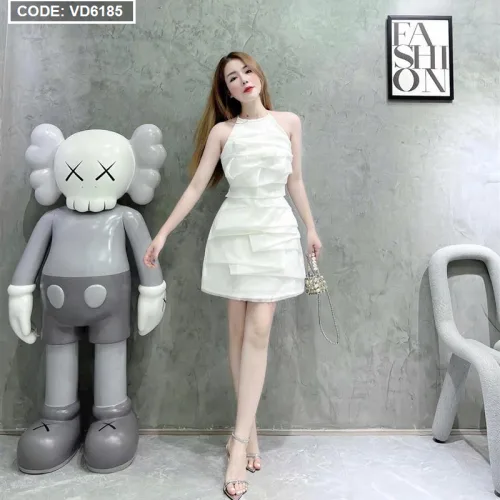 Đầm cổ yếm viền hạt xếp ly tầng 2 màu