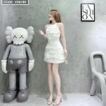 Đầm cổ yếm viền hạt xếp ly tầng 2 màu