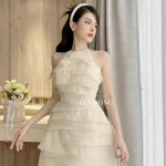 Đầm cổ yếm viền hạt xếp ly tầng 2 màu