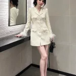 Đầm dạ trắng cổ vest túi nắp nút bọc