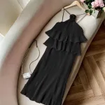 Đầm dập ly tầng hoa xoắn cổ 2 dây
