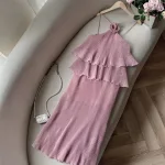 Đầm dập ly tầng hoa xoắn cổ 2 dây