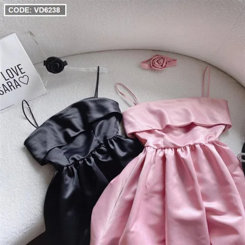 Đầm doll 2 dây xoè chocker hoa cổ 2 màu