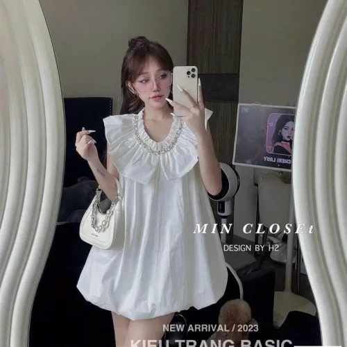 Đầm doll trắng cổ sen viền đá
