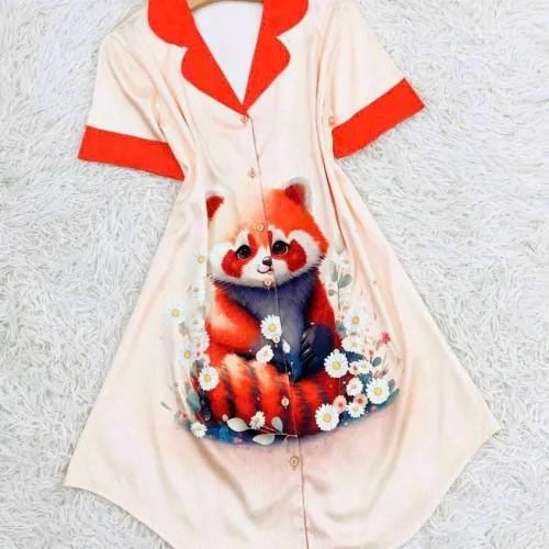 Đầm form suông tay ngắn cổ bẻ hoạ tiết