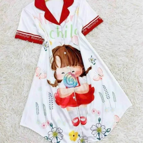 Đầm form suông tay ngắn cổ bẻ hoạ tiết
