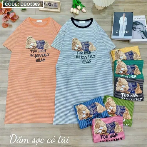 Đầm form suông tay ngắn cổ tròn sọc in hình