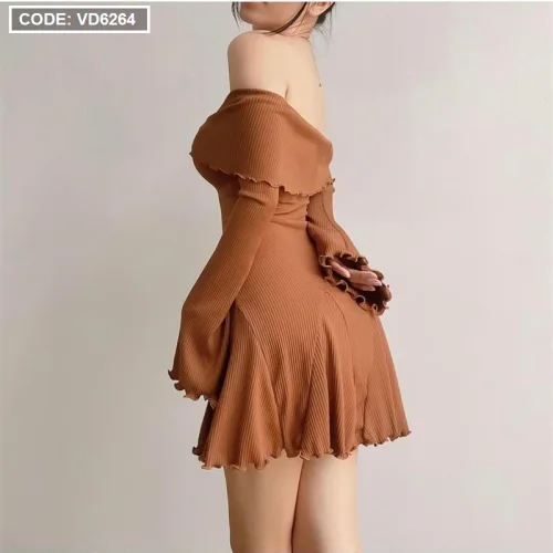 Đầm gân thun trễ vai cuốn biên 2 màu