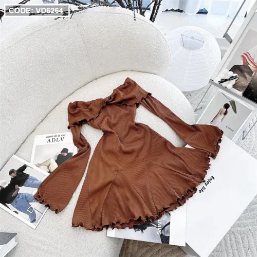 Đầm gân thun trễ vai cuốn biên 2 màu