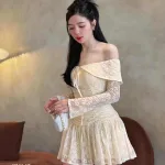 Đầm hoa trễ vai nhún xếp