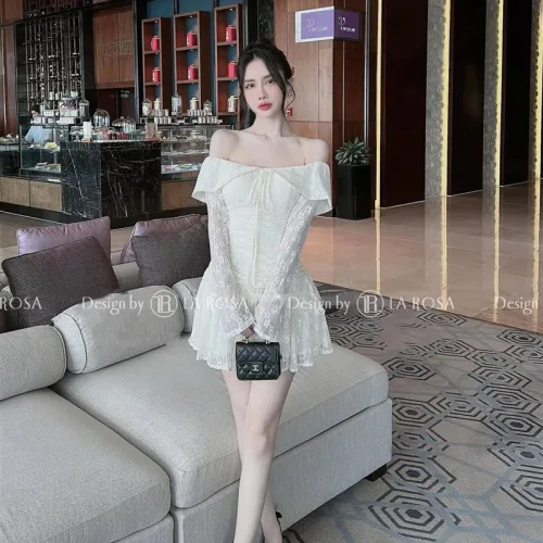 Đầm hoa trễ vai nhún xếp