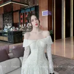Đầm hoa trễ vai nhún xếp