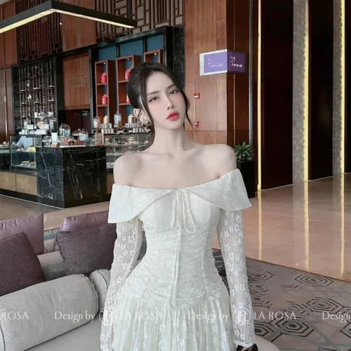 Đầm hoa trễ vai nhún xếp