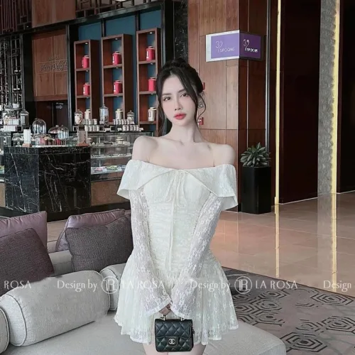 Đầm hoa trễ vai nhún xếp