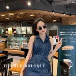 Đầm jean cổ yếm kèm belt