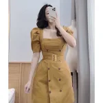 Đầm kaki cổ vuông thắt eo