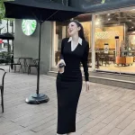 Đầm midi body đen cổ sơ mi viền trắng