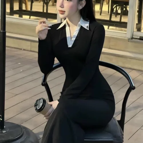 Đầm midi body đen cổ sơ mi viền trắng