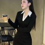 Đầm midi body đen cổ sơ mi viền trắng