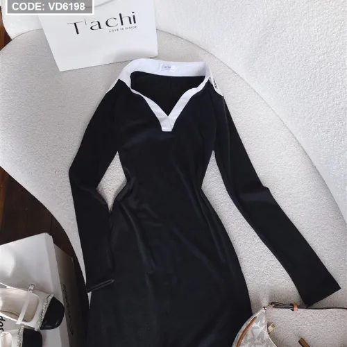 Đầm midi body đen cổ sơ mi viền trắng
