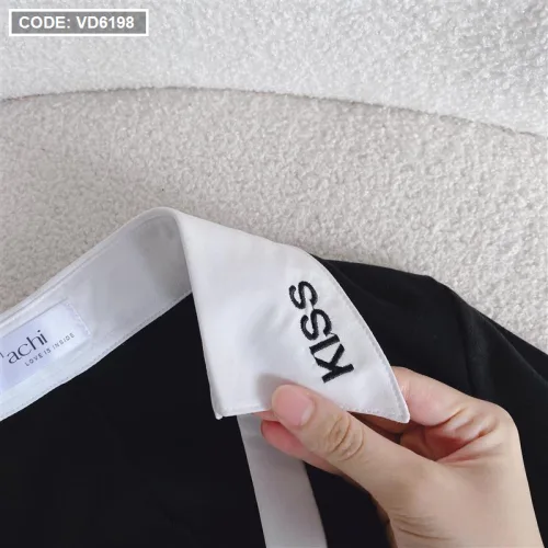 Đầm midi body đen cổ sơ mi viền trắng