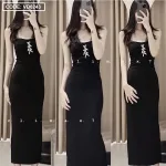 Đầm midi body đen cúp ngực kèm tag nơ