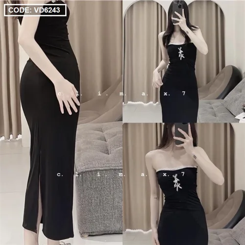 Đầm midi body đen cúp ngực kèm tag nơ